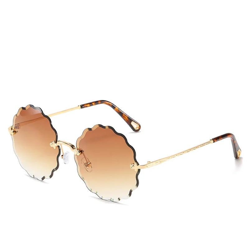 Trendy Oversized Round Sunglasses for Women – Elegant Floral Rimless Design, Perfect for Driving, with UV400 Protection