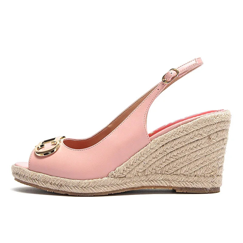 Luxury Brand Women's Summer Casual Sandals – Gold Initials Insignia PU Leather Wedges