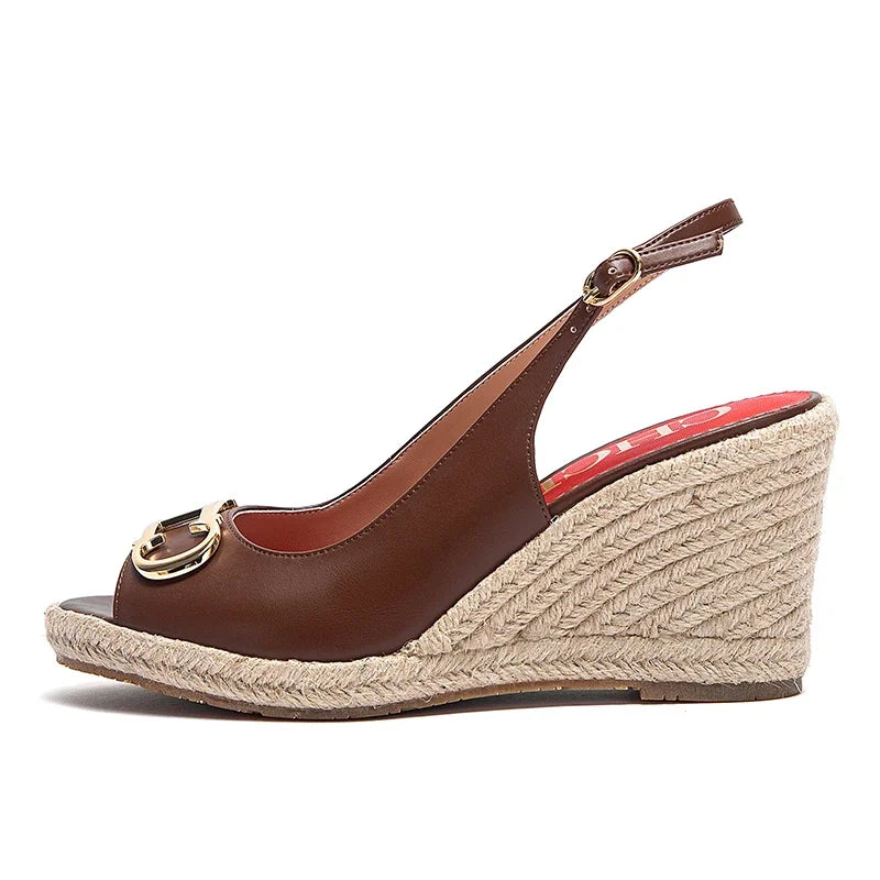 Luxury Brand Women's Summer Casual Sandals – Gold Initials Insignia PU Leather Wedges
