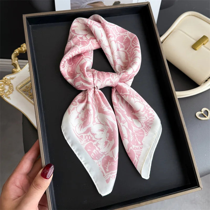 Elegant Floral Silk Scarf – Luxury 70cm Square Designer Foulard for Women | Versatile Shawl, Hijab, Hair Tie & Chic Accessory