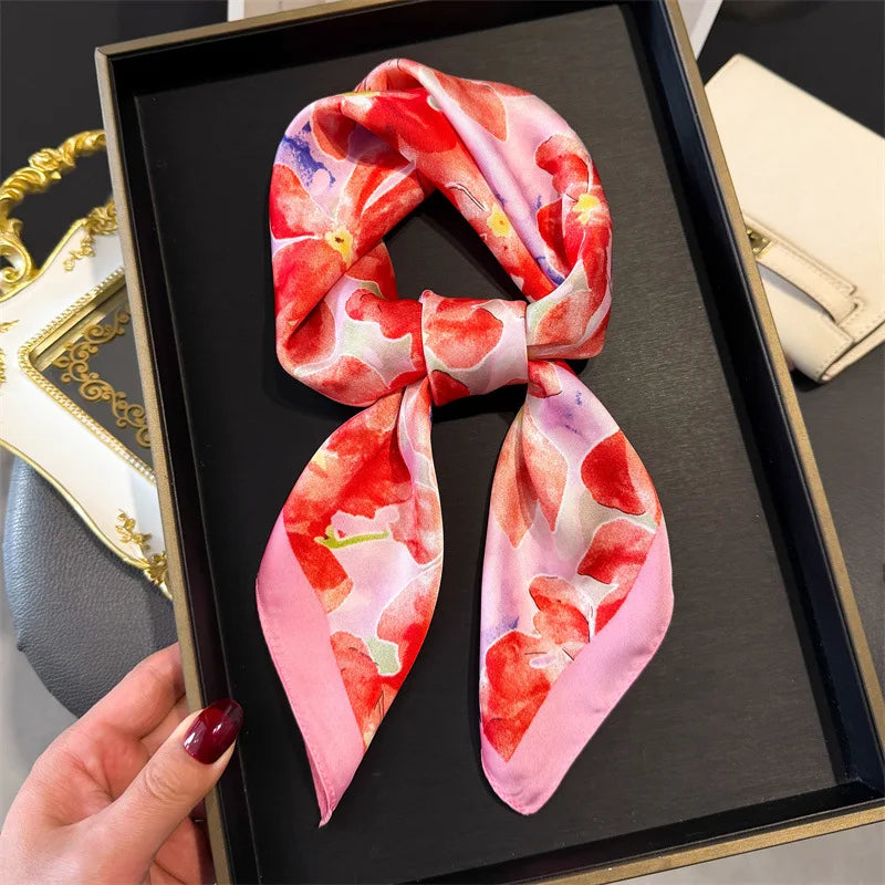 Elegant Floral Silk Scarf – Luxury 70cm Square Designer Foulard for Women | Versatile Shawl, Hijab, Hair Tie & Chic Accessory