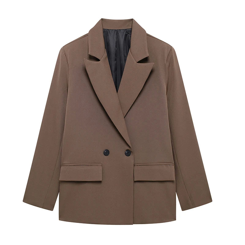 Willshela Women’s Fashion Blazer with Pockets – Solid Double-Breasted Vintage Design, Long Sleeves, Notched Collar – Elegant Office Outfit for Ladies