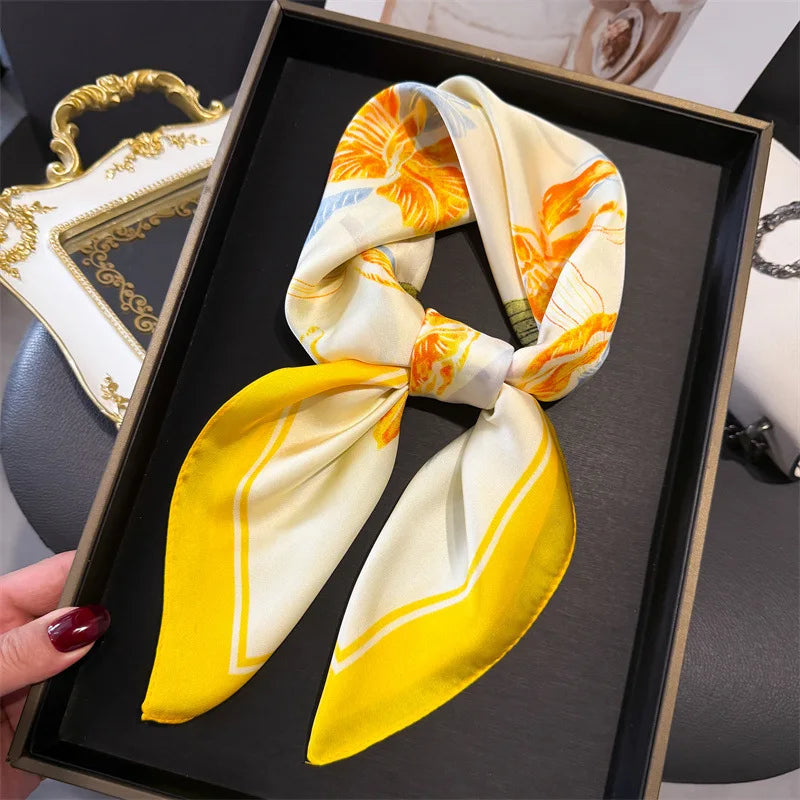 Elegant Floral Silk Scarf – Luxury 70cm Square Designer Foulard for Women | Versatile Shawl, Hijab, Hair Tie & Chic Accessory