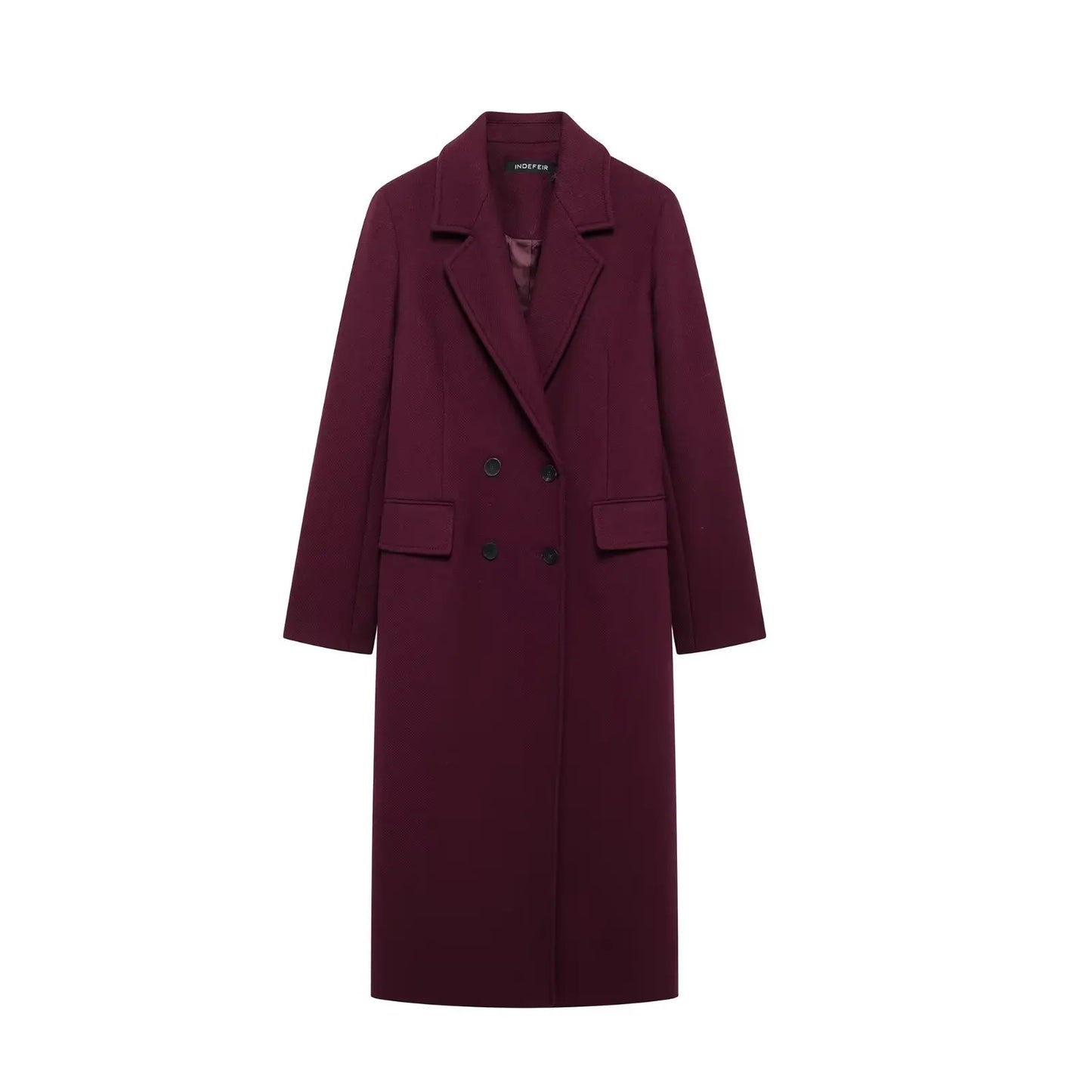 TRAFZA Women's Burgundy Wool Blend Coat – Double-Breasted High-Street Elegance | Long Sleeve Lapel Jacket for Autumn & Winter