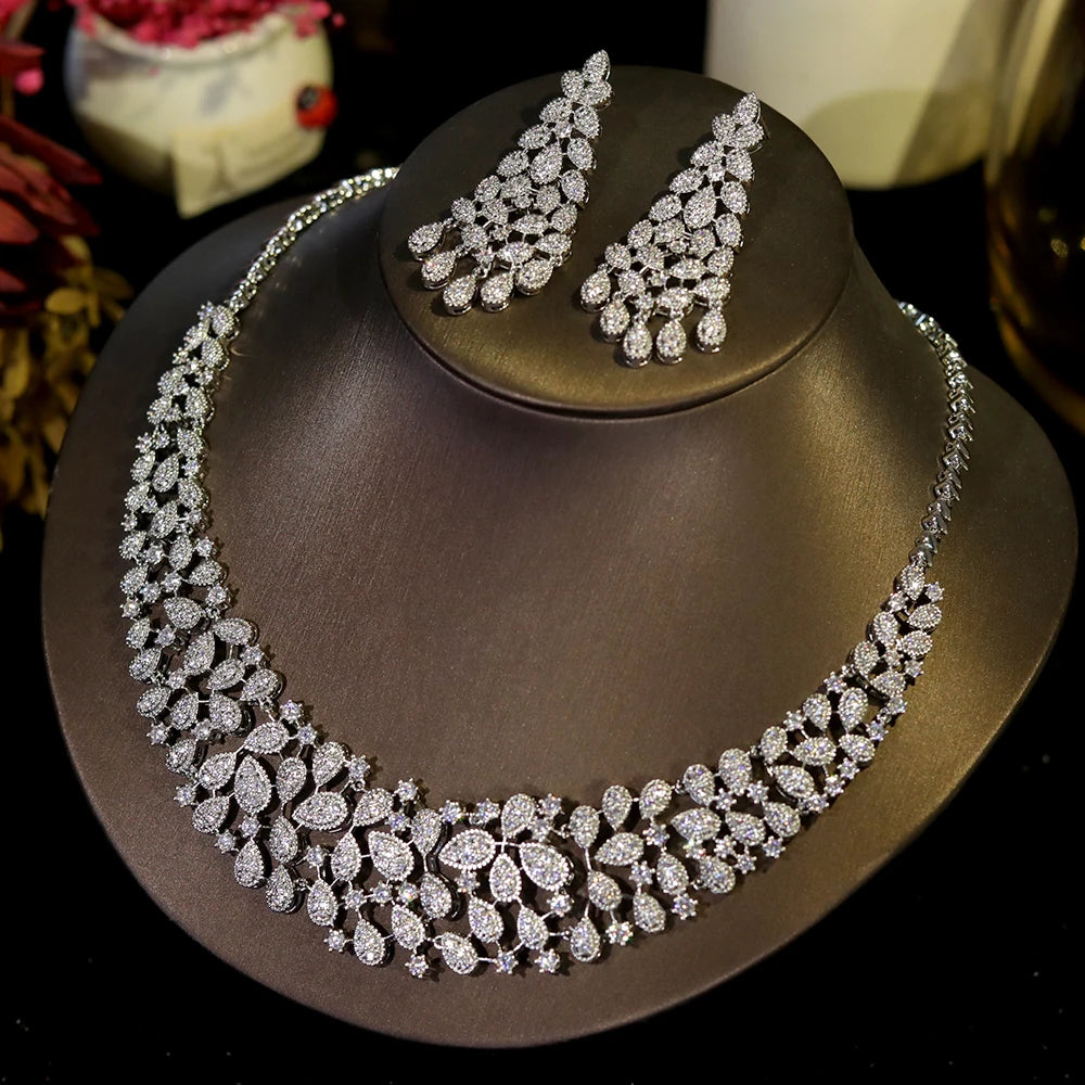 ASNORA Elegant CZ Crystal Zirconia Luxury Silver-Coloured Necklace – Perfect for European Bridal, Wedding & Party Wear – Dubai-Inspired Jewelry Set for Women 2024