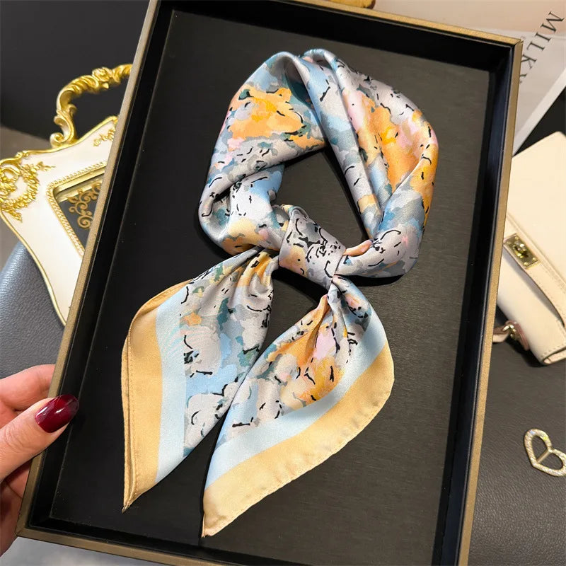 Elegant Floral Silk Scarf – Luxury 70cm Square Designer Foulard for Women | Versatile Shawl, Hijab, Hair Tie & Chic Accessory