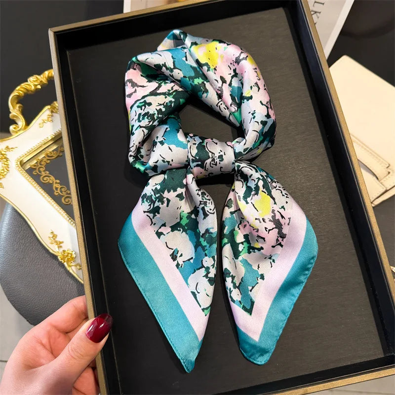 Elegant Floral Silk Scarf – Luxury 70cm Square Designer Foulard for Women | Versatile Shawl, Hijab, Hair Tie & Chic Accessory