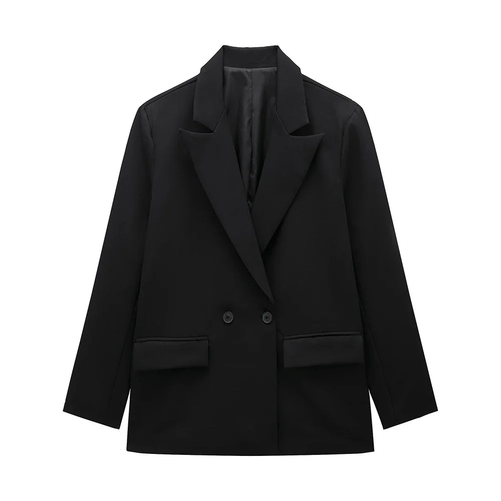 Willshela Women’s Fashion Blazer with Pockets – Solid Double-Breasted Vintage Design, Long Sleeves, Notched Collar – Elegant Office Outfit for Ladies
