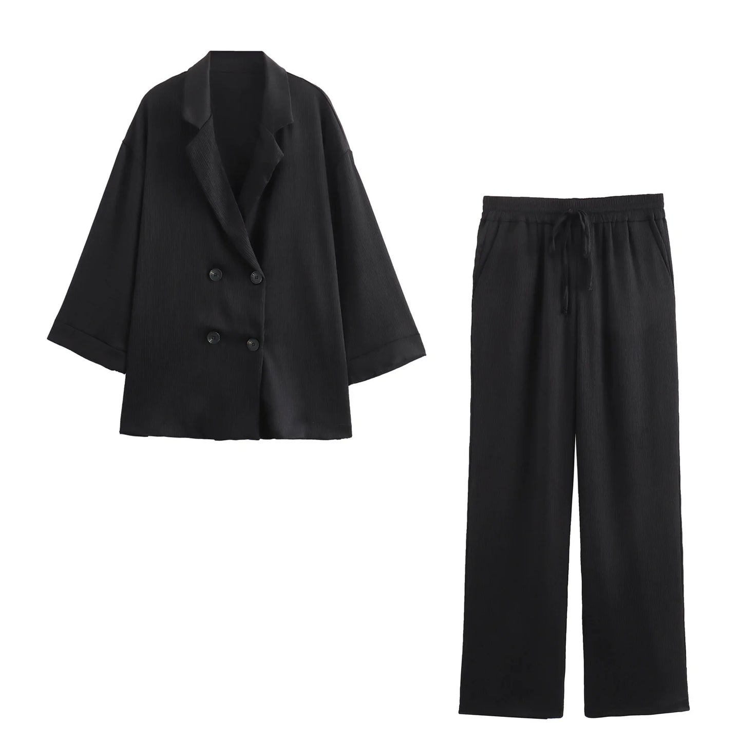 2025 Autumn Women’s Casual Blazer and Pants Set – Long Sleeve Double-Breasted Blazer with Wide-Leg Trousers – Stylish Office Outfit for Ladies