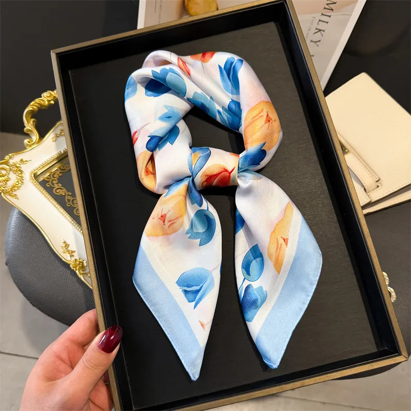 Elegant Floral Silk Scarf – Luxury 70cm Square Designer Foulard for Women | Versatile Shawl, Hijab, Hair Tie & Chic Accessory