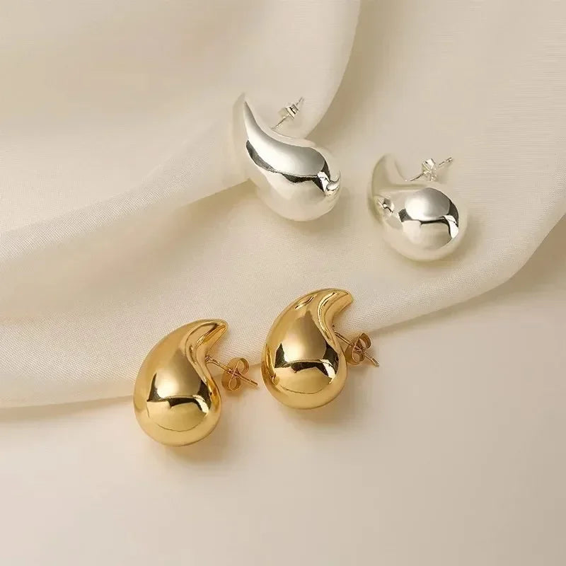 925 Sterling Silver Chunky Teardrop Earrings – 18K Gold Plated Vintage Dome Design | Bold Glossy Hoops for Timeless European Elegance