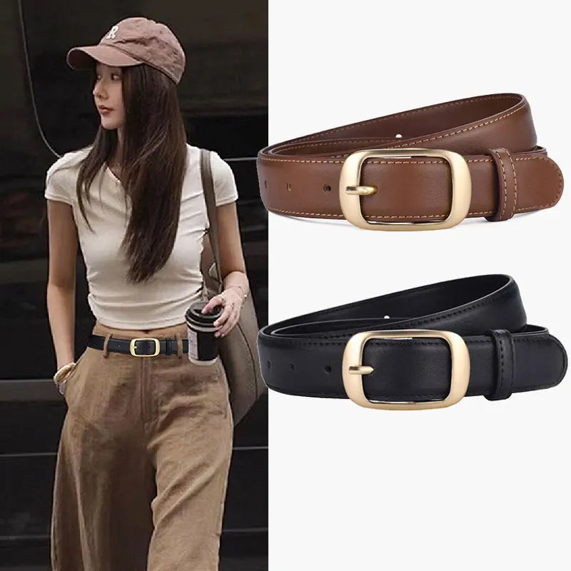Luxury Genuine Leather Wide Belt for Women – Simple Fashion Accessory with Gold Buckle, 2.8cm Wide Brown Cowhide Belt, Perfect to Match Jeans
