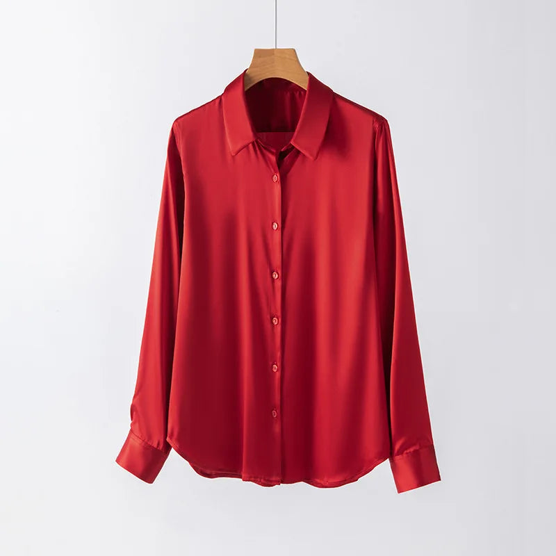 Women’s Long-Sleeve Silk Shirt – 19mm Mulberry Satin Blouse, Loose Fit and Versatile – Made with 95% Natural Silk and 5% Spandex