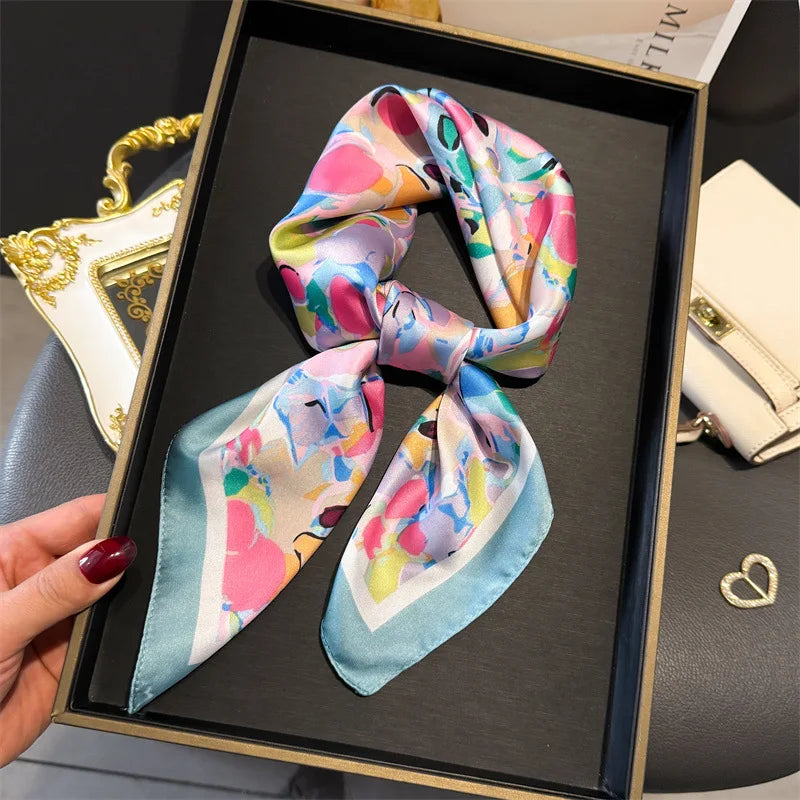 Elegant Floral Silk Scarf – Luxury 70cm Square Designer Foulard for Women | Versatile Shawl, Hijab, Hair Tie & Chic Accessory