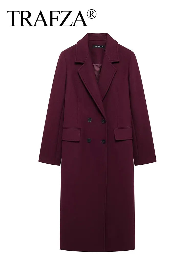 TRAFZA Women's Burgundy Wool Blend Coat – Double-Breasted High-Street Elegance | Long Sleeve Lapel Jacket for Autumn & Winter