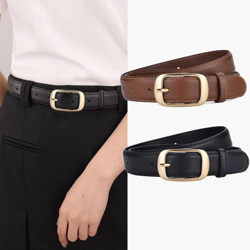 Luxury Genuine Leather Wide Belt for Women – Simple Fashion Accessory with Gold Buckle, 2.8cm Wide Brown Cowhide Belt, Perfect to Match Jeans