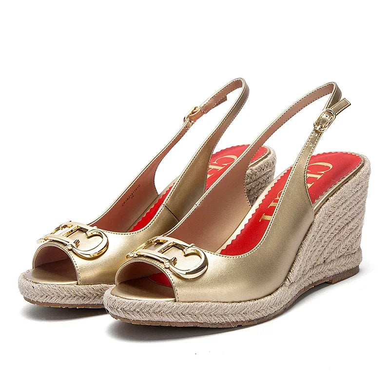 Luxury Brand Women's Summer Casual Sandals – Gold Initials Insignia PU Leather Wedges