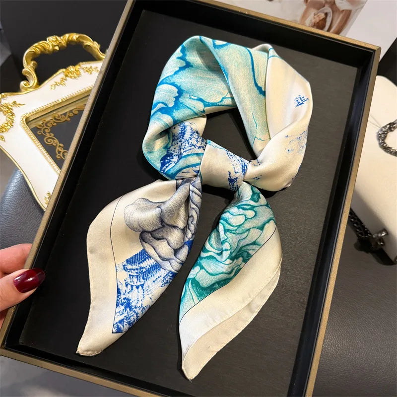 Elegant Floral Silk Scarf – Luxury 70cm Square Designer Foulard for Women | Versatile Shawl, Hijab, Hair Tie & Chic Accessory