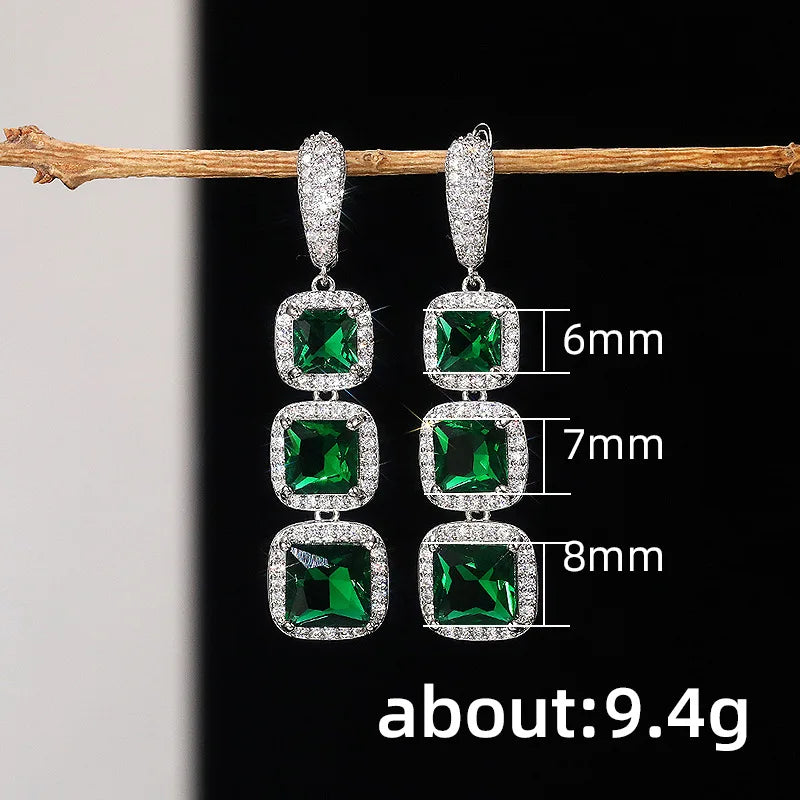 Luxury Long Tassel Drop Earrings – White & Green Zircon | 925 Sterling Silver | Elegant Square Design for Timeless Sophistication