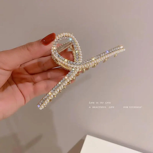 Luxury Pearl & Diamond Metal Hair Claw – Non-Slip Large Clip for Women | Elegant Shark Design | Premium Hair Accessory
