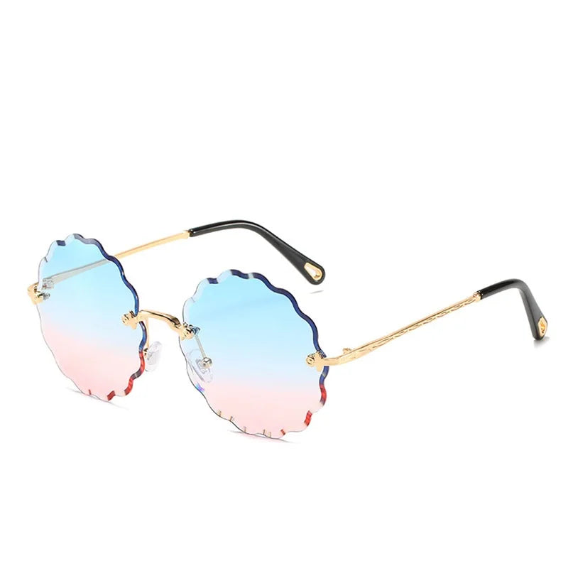 Trendy Oversized Round Sunglasses for Women – Elegant Floral Rimless Design, Perfect for Driving, with UV400 Protection