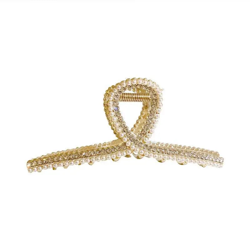 Luxury Pearl & Diamond Metal Hair Claw – Non-Slip Large Clip for Women | Elegant Shark Design | Premium Hair Accessory