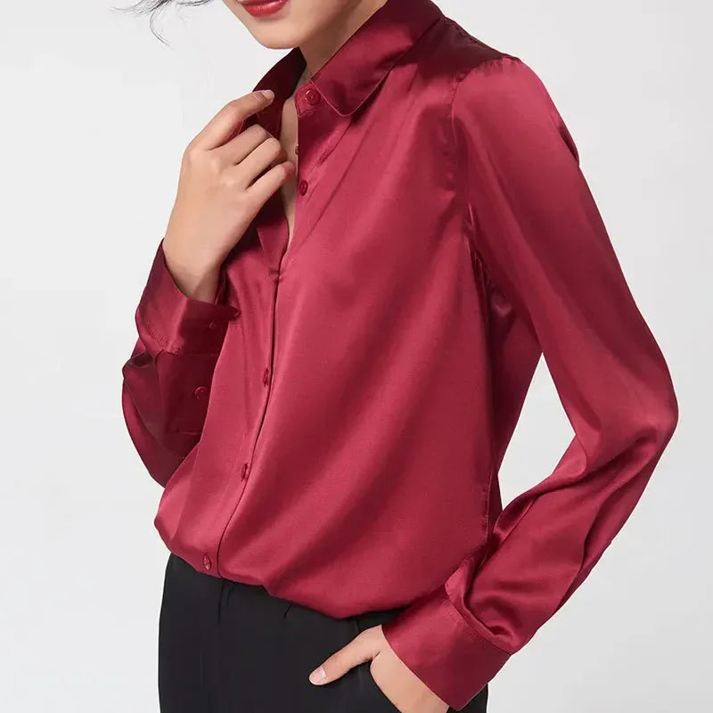 Women’s Long-Sleeve Silk Shirt – 19mm Mulberry Satin Blouse, Loose Fit and Versatile – Made with 95% Natural Silk and 5% Spandex