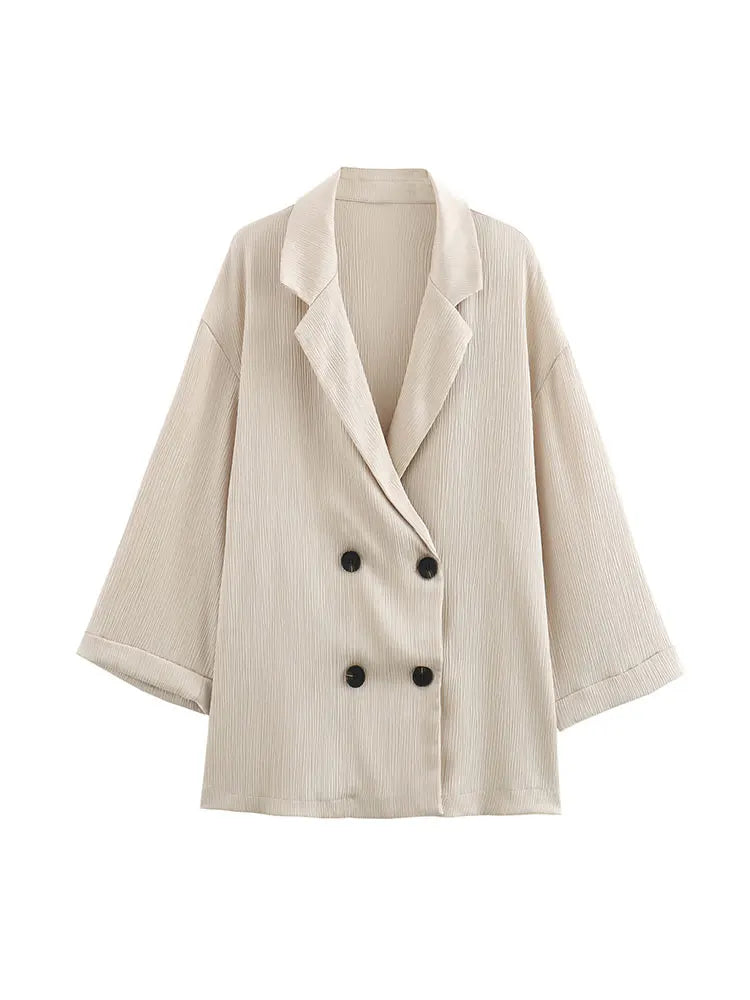 2025 Autumn Women’s Casual Blazer and Pants Set – Long Sleeve Double-Breasted Blazer with Wide-Leg Trousers – Stylish Office Outfit for Ladies