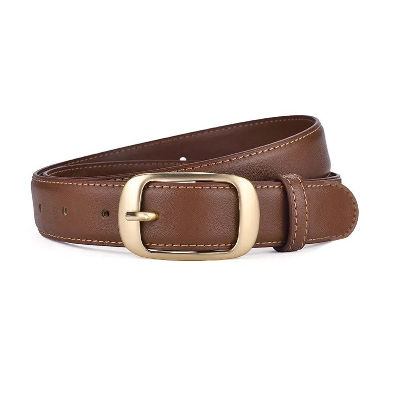 Luxury Genuine Leather Wide Belt for Women – Simple Fashion Accessory with Gold Buckle, 2.8cm Wide Brown Cowhide Belt, Perfect to Match Jeans