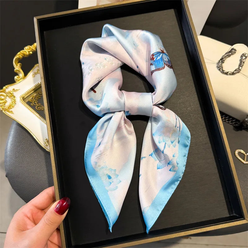 Elegant Floral Silk Scarf – Luxury 70cm Square Designer Foulard for Women | Versatile Shawl, Hijab, Hair Tie & Chic Accessory