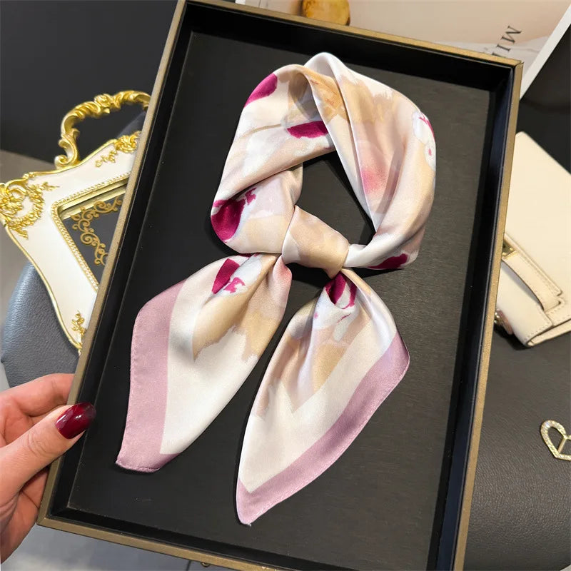 Elegant Floral Silk Scarf – Luxury 70cm Square Designer Foulard for Women | Versatile Shawl, Hijab, Hair Tie & Chic Accessory