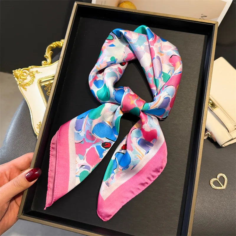 Elegant Floral Silk Scarf – Luxury 70cm Square Designer Foulard for Women | Versatile Shawl, Hijab, Hair Tie & Chic Accessory