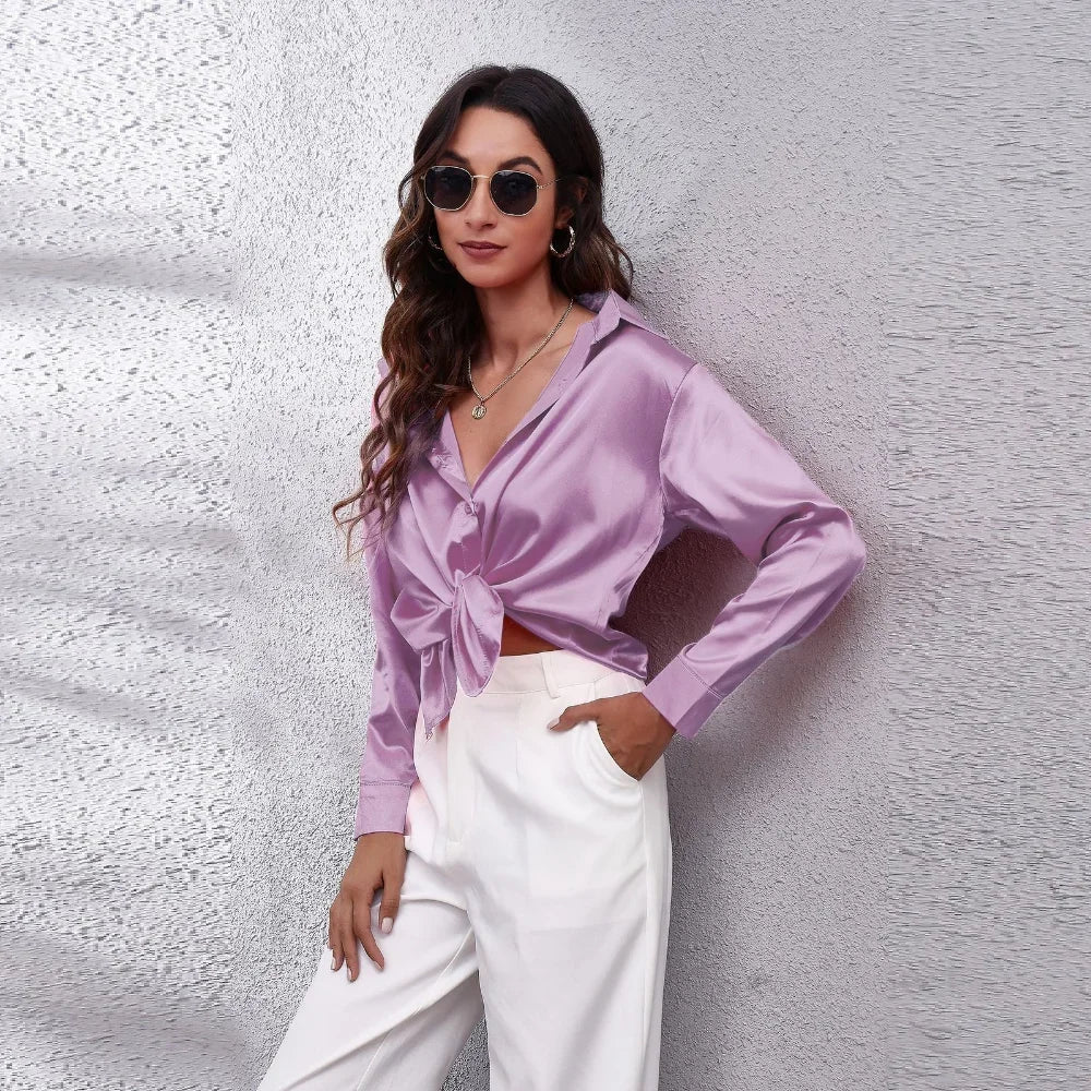 Women’s Satin Blouse – Elegant Long-Sleeve Shirt for Spring and Autumn – Stylish Streetwear and Casual Fashion Top