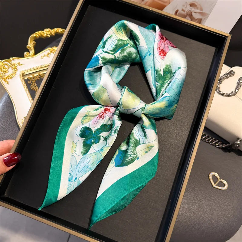 Elegant Floral Silk Scarf – Luxury 70cm Square Designer Foulard for Women | Versatile Shawl, Hijab, Hair Tie & Chic Accessory