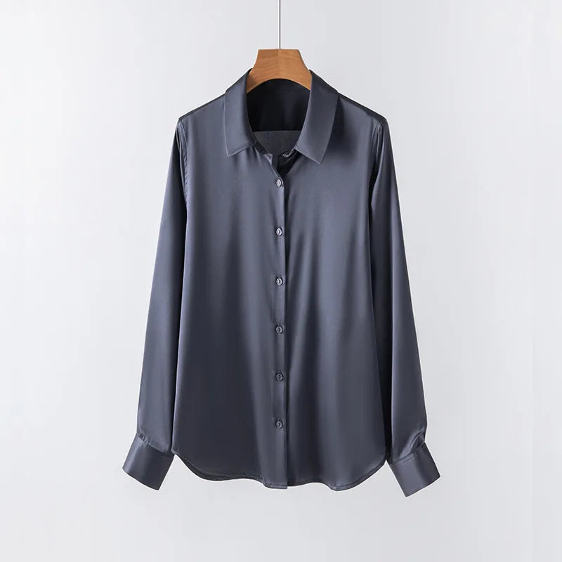 Women’s Long-Sleeve Silk Shirt – 19mm Mulberry Satin Blouse, Loose Fit and Versatile – Made with 95% Natural Silk and 5% Spandex