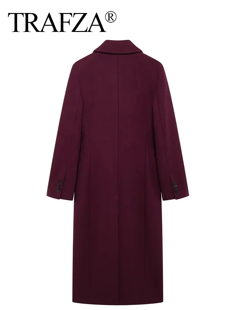 TRAFZA Women's Burgundy Wool Blend Coat – Double-Breasted High-Street Elegance | Long Sleeve Lapel Jacket for Autumn & Winter