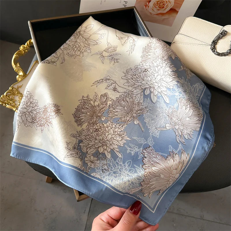Elegant Floral Silk Scarf – Luxury 70cm Square Designer Foulard for Women | Versatile Shawl, Hijab, Hair Tie & Chic Accessory