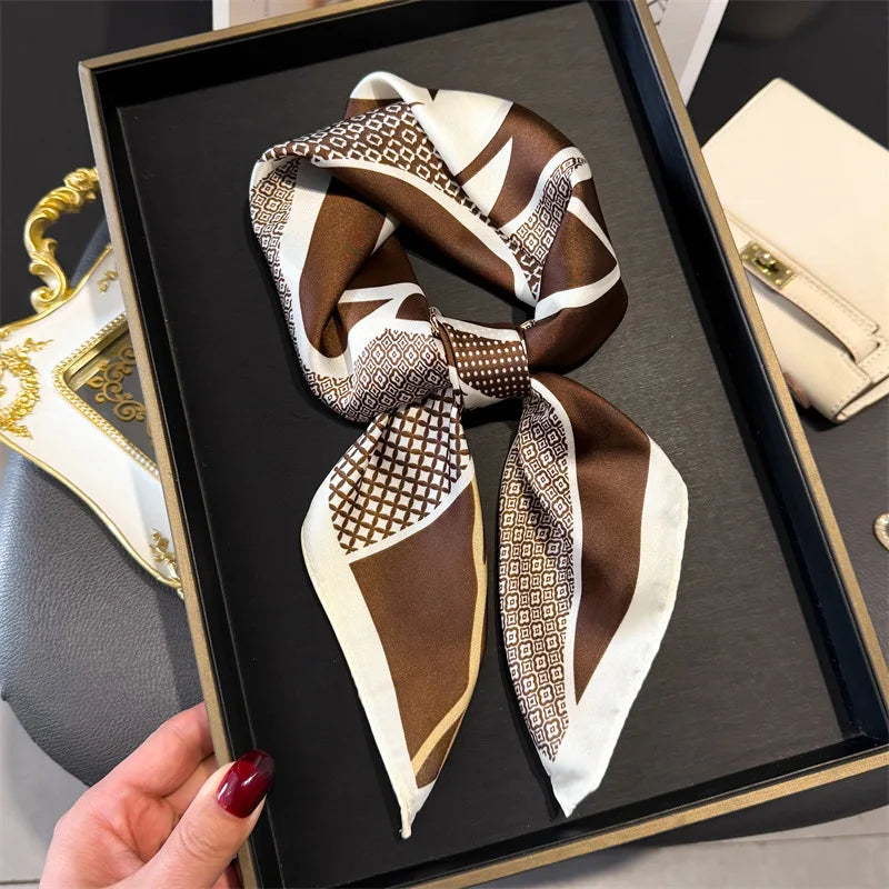 Elegant Floral Silk Scarf – Luxury 70cm Square Designer Foulard for Women | Versatile Shawl, Hijab, Hair Tie & Chic Accessory