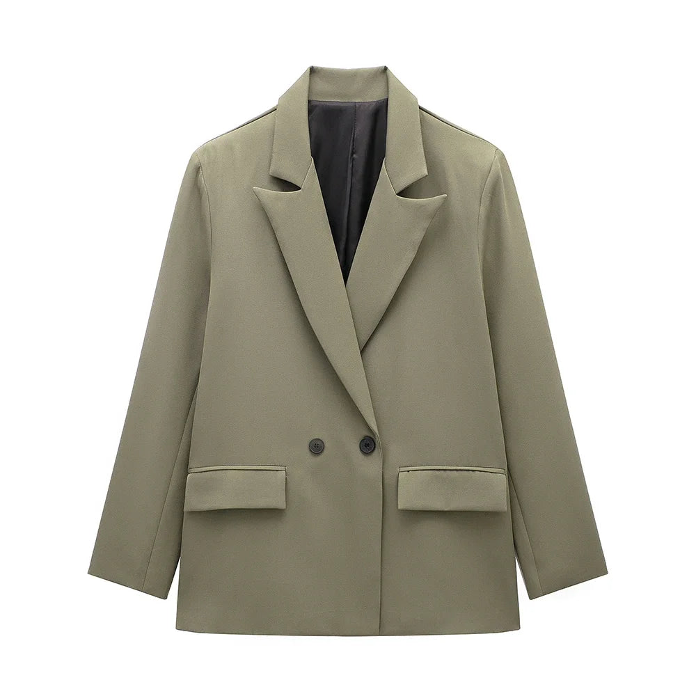 Willshela Women’s Fashion Blazer with Pockets – Solid Double-Breasted Vintage Design, Long Sleeves, Notched Collar – Elegant Office Outfit for Ladies
