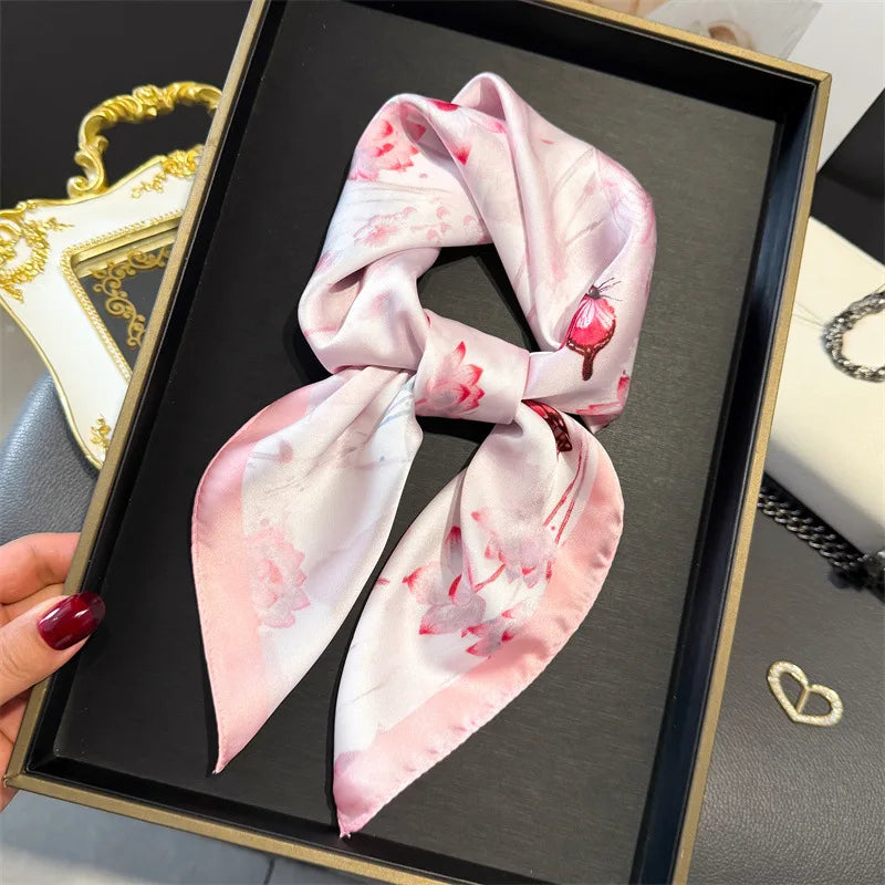 Elegant Floral Silk Scarf – Luxury 70cm Square Designer Foulard for Women | Versatile Shawl, Hijab, Hair Tie & Chic Accessory