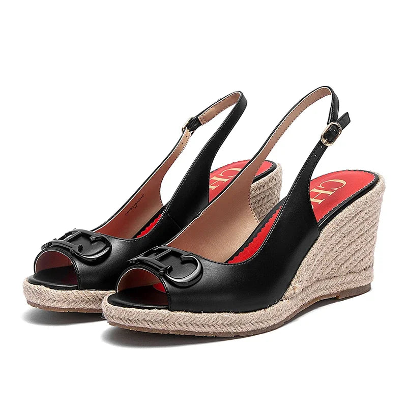 Luxury Brand Women's Summer Casual Sandals – Gold Initials Insignia PU Leather Wedges