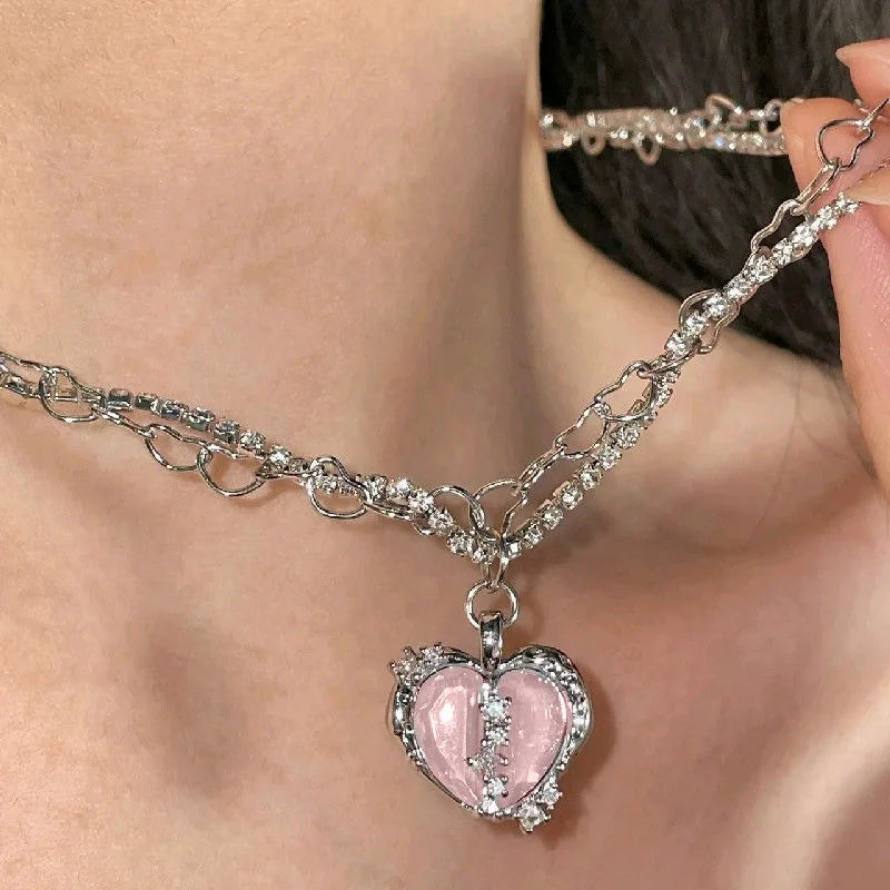 Korean Charm – Double Layer Heart & Lucky Bean Necklace