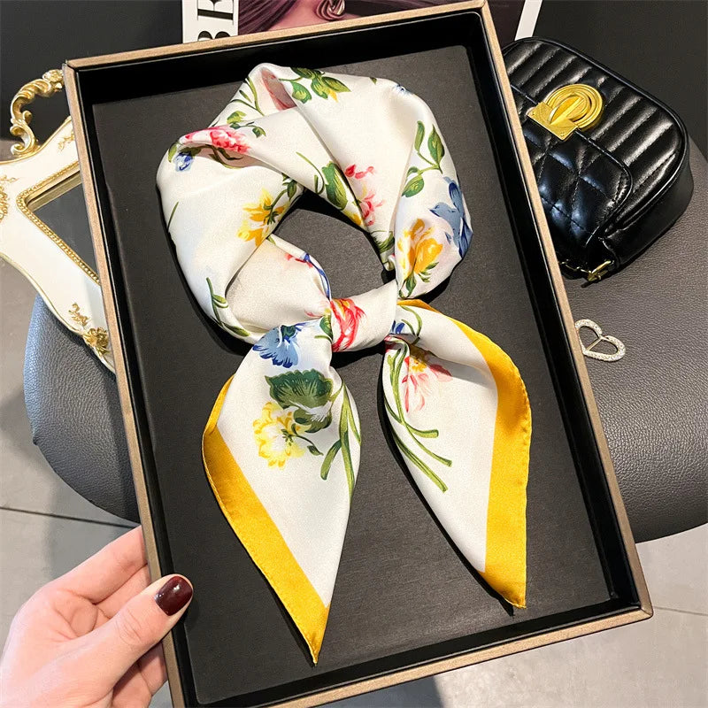 Elegant Floral Silk Scarf – Luxury 70cm Square Designer Foulard for Women | Versatile Shawl, Hijab, Hair Tie & Chic Accessory