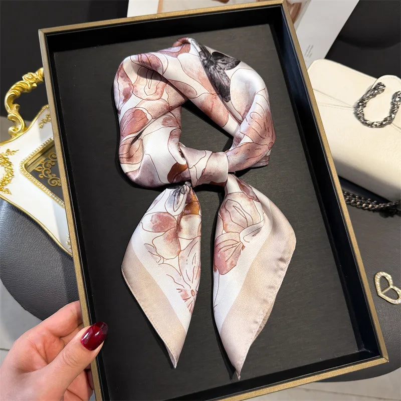 Elegant Floral Silk Scarf – Luxury 70cm Square Designer Foulard for Women | Versatile Shawl, Hijab, Hair Tie & Chic Accessory