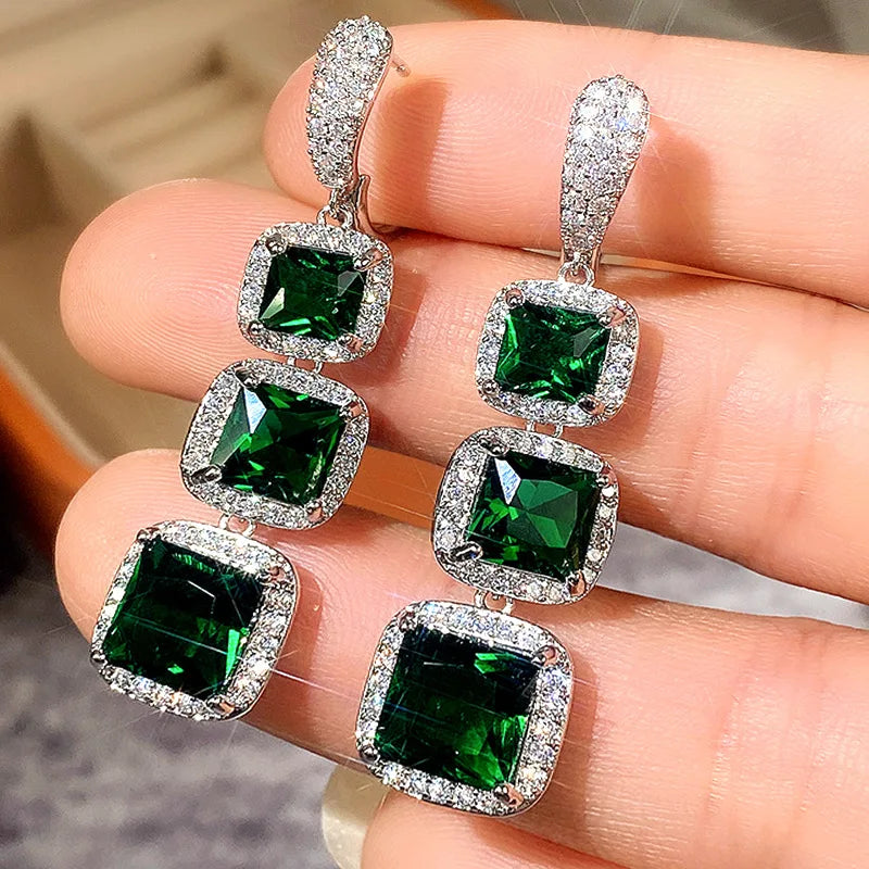 Luxury Long Tassel Drop Earrings – White & Green Zircon | 925 Sterling Silver | Elegant Square Design for Timeless Sophistication