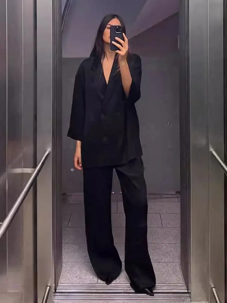 2025 Autumn Women’s Casual Blazer and Pants Set – Long Sleeve Double-Breasted Blazer with Wide-Leg Trousers – Stylish Office Outfit for Ladies