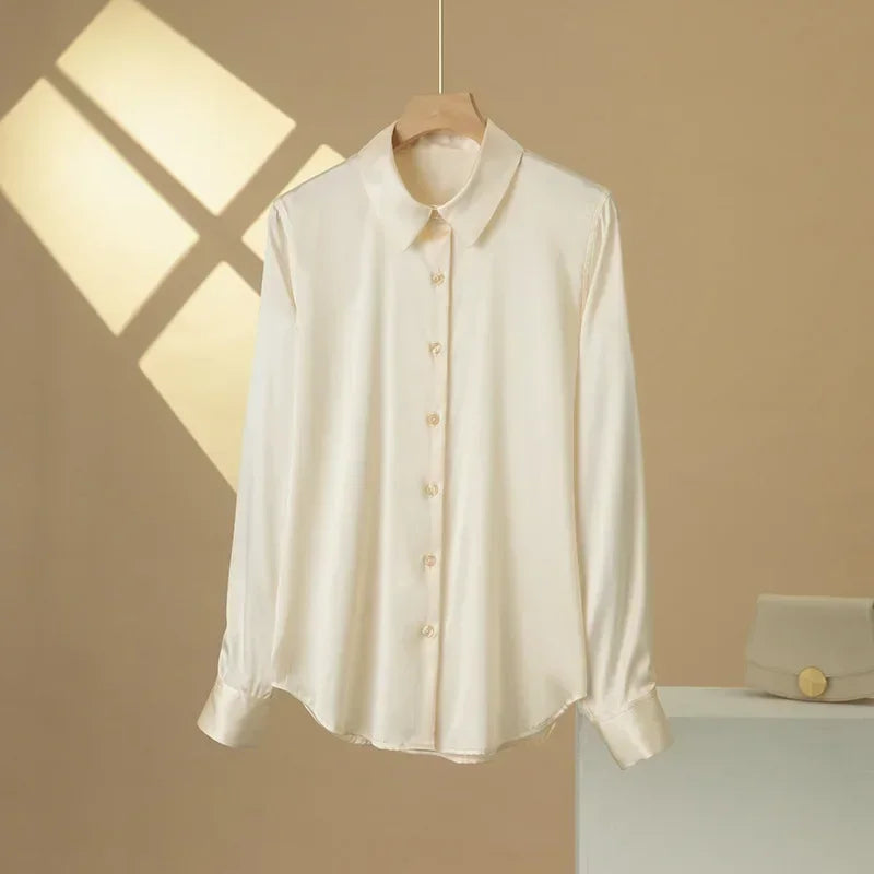 Women’s Long-Sleeve Silk Shirt – 19mm Mulberry Satin Blouse, Loose Fit and Versatile – Made with 95% Natural Silk and 5% Spandex