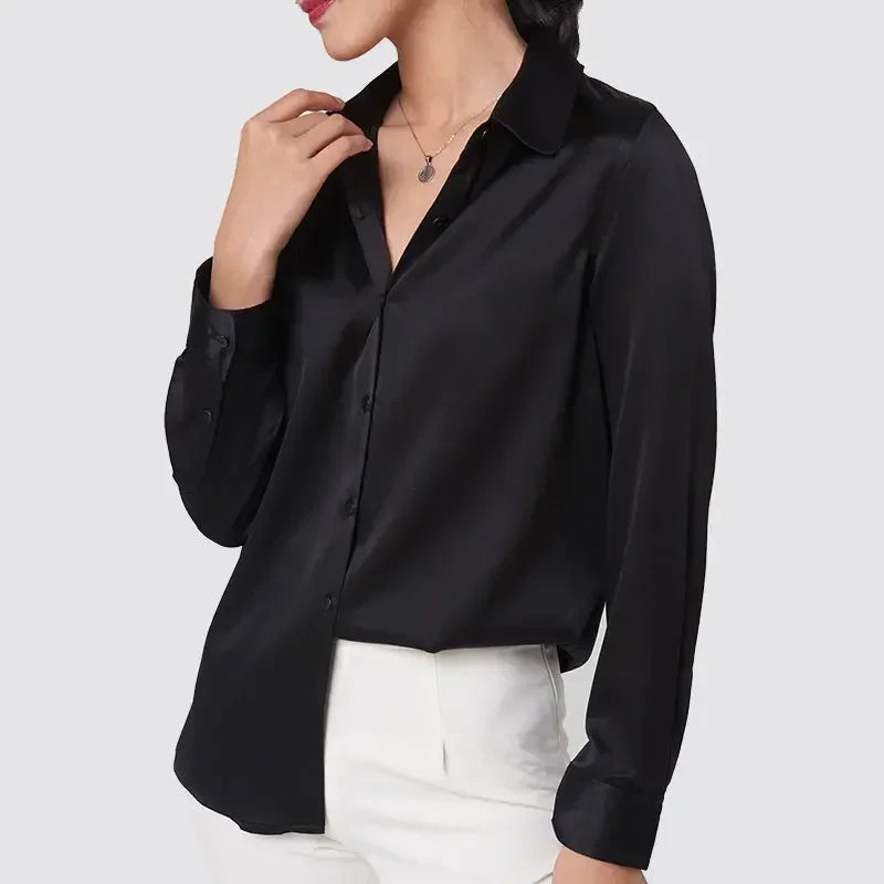 Women’s Long-Sleeve Silk Shirt – 19mm Mulberry Satin Blouse, Loose Fit and Versatile – Made with 95% Natural Silk and 5% Spandex