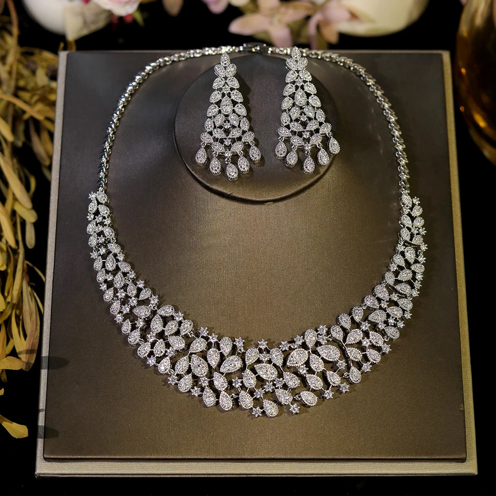 ASNORA Elegant CZ Crystal Zirconia Luxury Silver-Coloured Necklace – Perfect for European Bridal, Wedding & Party Wear – Dubai-Inspired Jewelry Set for Women 2024