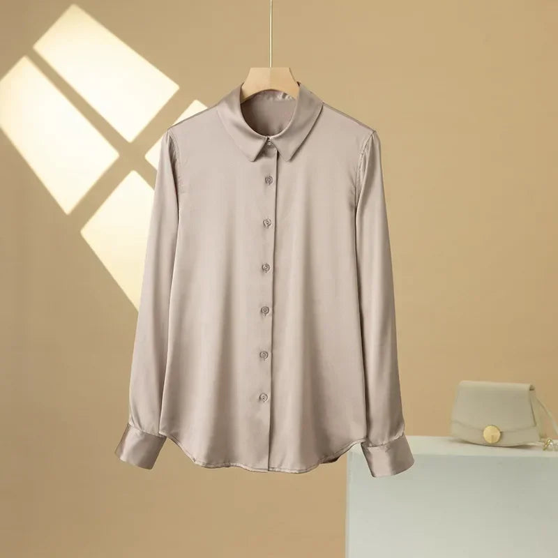 Women’s Long-Sleeve Silk Shirt – 19mm Mulberry Satin Blouse, Loose Fit and Versatile – Made with 95% Natural Silk and 5% Spandex